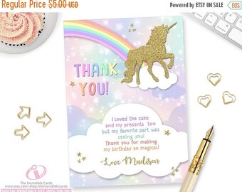 OFF SALE Unicorn Thank you card, Unicorn Thank You Card, Rainbow Thank you card, Unicorn, Rainbow, Gold Glitter, Printable, DIY