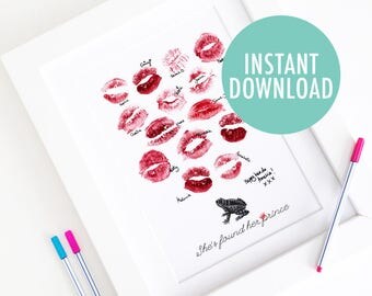 Vintage Hen Party / Bachelorette Print - DIY Printable Prince Frog Lipstick Print / Thumbprint Guest Book - Classy Hen Do