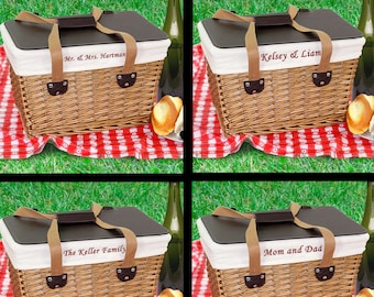 Personalized Picnic Basket -Custom Embroidered - Monogrammed Wicker Basket - Wedding Gift Idea - Family Gift Idea - Beach House Gift-Wicker