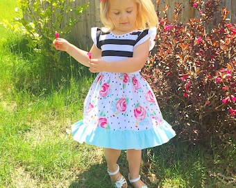 Rosy summer dress, girls floral rose dress, toddler birthday dress, newborn coming home outfit, infant sundress