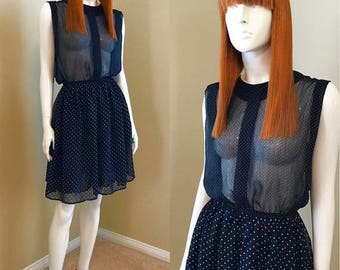 ON SALE Vintage Sheer Dress, Polka Dot 90's Navy Blue/ White Sheer Chiffon Short Dress, Sleeveless Sheer Blouse, Spring Summer Dress - size