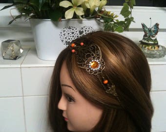 chain shabby headband bronze,rhinstone,Swarovski beads, orange facette /serre tete shabby orange en chaine,strass blanc, perles Swarovski