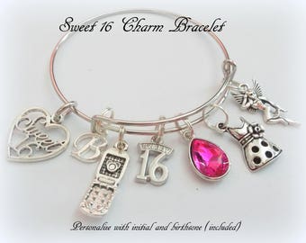Sweet 16 Charm Bracelet, 16th Birthday Gift Girl, Personalized Sweet 16 Gift, Gift for Sixteen Year Old, Personalized Jewelry, Gift for Girl