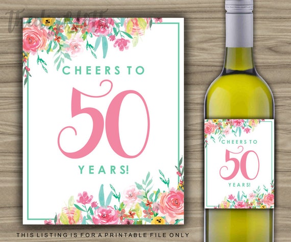 printable 50th birthday wine label pink blue floral 50th