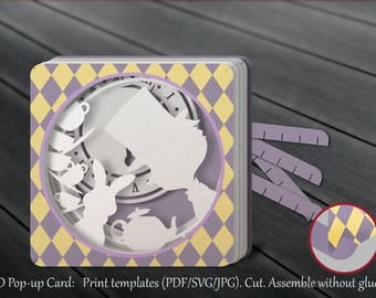Tunnel card, 3D pop-up card, papercut template, Mad tea party, Alice in Wonderland, PDF, SVG, JPG, Laser cut set, Cricut, instant download