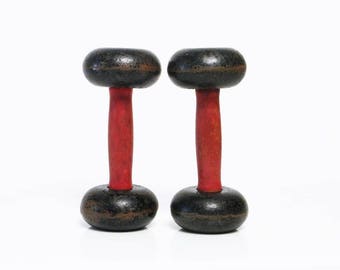 vintage industrial red wood iron weights dumb bells bookends geometric sculpture home decor