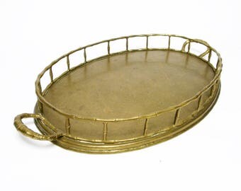 large 18" vintage brass faux bamboo tray Hollywood Regency home decor