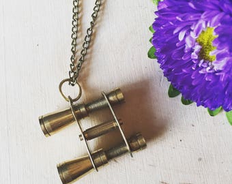 funky antique brass binocular necklace, gift for your adventuring friend