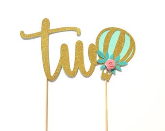 1 pc two hot air balloon flower rose floral Gold Glitter Cake Topper Toddler boy girl second Birthday