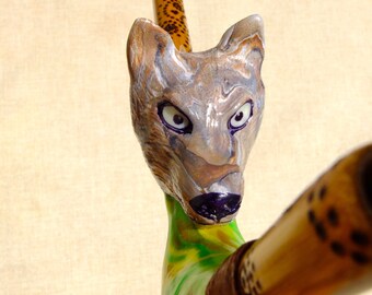 RESERVED for Aneta - Sculpted Wolf Spirit Tepi pipe for Amazonian Rapé snuff, with large quartz crystal and pyrographic ornaments