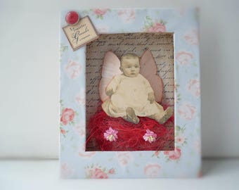 Cadre ancien en bois avec photo ancienne de bébé vintage 1920 - Antiquités