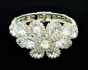 Vintage Rhinestone Clamper Bracelet, Rhinestone Hinge Bracelet, Statement Bracelet, Bridal Bracelet Cuff, Flower Bracelet, Wedding Bling