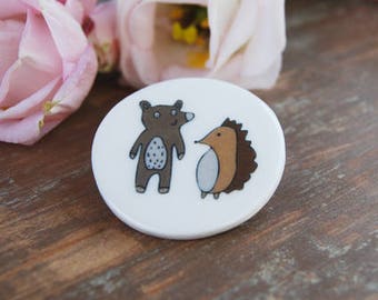 Ceramic Bear and Hedgehog Brooch