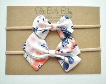 Orange, Pink, Navy Floral Anna Large & Mini Hair bow-Sailor Bow-Baby Headband-Newborn Cotton Hairbow-Toddler Hair clip-Fabric Bow with tails