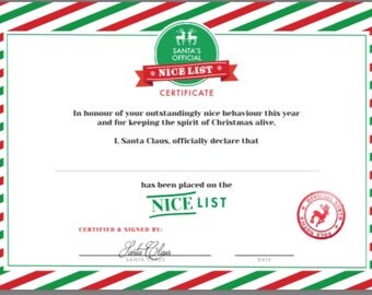 Christmas Eve Nice List certificate xmas eve box