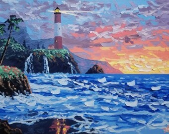 Sunset oil painting, colorful beach art, seascape oil paintings on canvas, by Ryan Kimba