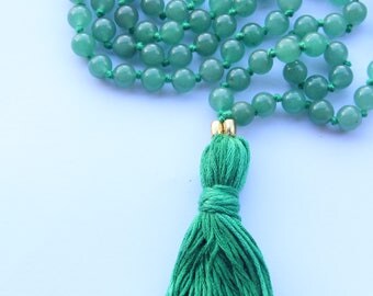 Knotted Long 108 Green Aventurine Mala necklace with Green Cotton Tassel