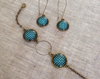 Bracelet and bronze cabochon earrings - green duck with polka dots