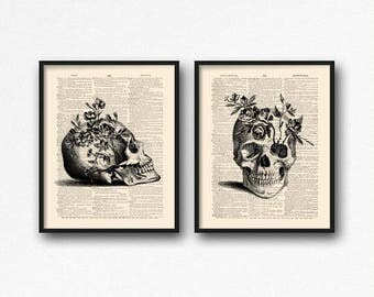 Floral Skull Art, Dictionary Skull, Mystery Poster Pack, Skull Print Set, Sugar Skull Kitchen, Coworker Gift Set, Geeky Women Gift, Cool S32