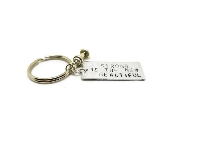 Strong is the New Beautiful Hand Stamped Key Chain, Crossfit Gift, Workout Gift, Fitness Gift, Dumbbell Charm, Gift for Her