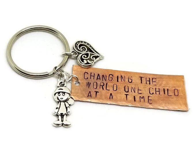 Changing the World One Child at a Time Key Chain, Social Worker Keychain, Teacher Key Chain, Daycare Worker Gift, Copper Key Chain