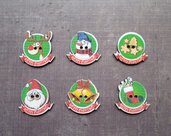 buttons 10 wood holiday Christmas Merry Christmas Santa Christmas Reindeer snowman