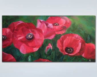Original oil painting Red poppies Canvas art Landscape Colorful painting Flower Large Painting