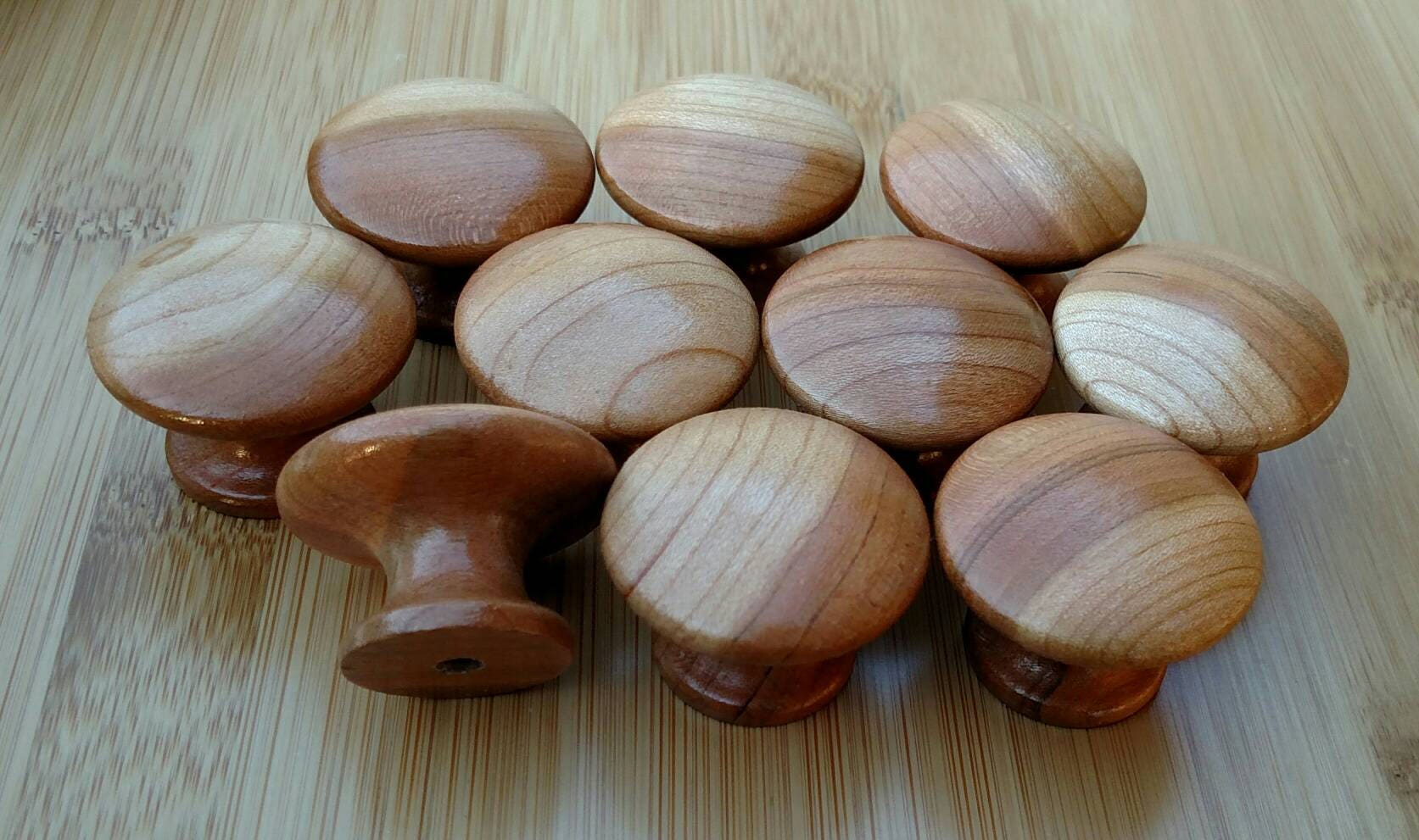 Oak Natural Wood Knob on Cherry Wood Knob Drawer Pull Size 1.5 x 1.18