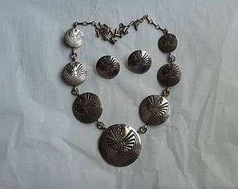 Vintage Sterling Silver Necklace & Earring Set Southwestern Mexican Ethnic.