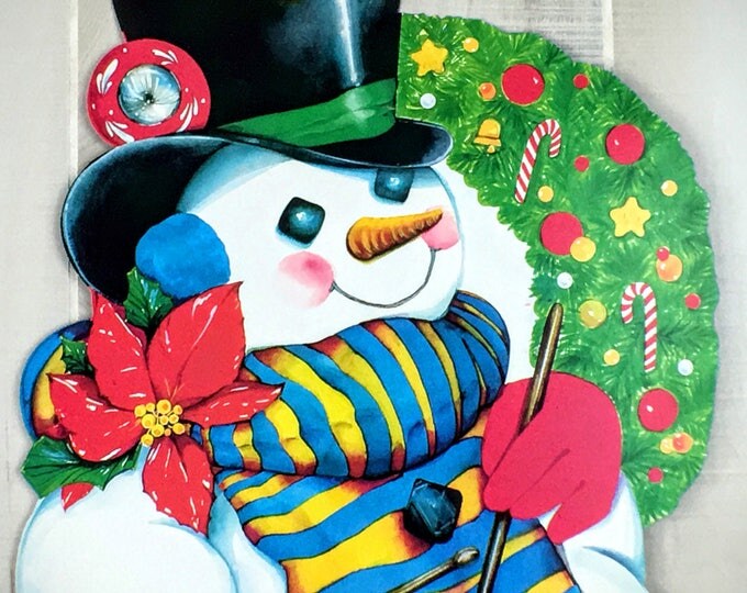 Vintage Die Cut Paper Holiday Snowman Ephemera Cut Out Christmas Wall or Window Decoration