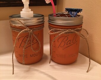 Painted Mason Jar, Soap Dispenser Set, Toothbrush Holder, Bathroom set, Country, Primitive