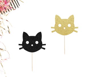Cat Cupcake Toppers (Set of 12) | Kitty Cat Cupcake Toppers | Cat Birthday Party Decor | Kitten Cupcake Toppers | Smash Cake Topper | Gold