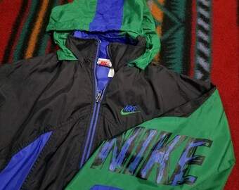 Vtg 90s Nike Windbreaker Jacket | Vintage Retro 1990s Fashion Green Blue Black Big Air | Women's Medium | TUFF
