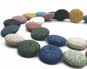 1Full Strand 20mm Large Hole Coin Lava Beads,Flat Lava Beads,Natural Multicolor Lava Stone