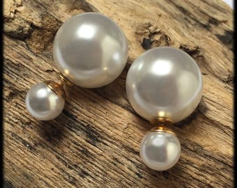 Boucles d'oreilles doubles tribales, perles blanches nacrées QUALITE SUPERIEURE (double studs)