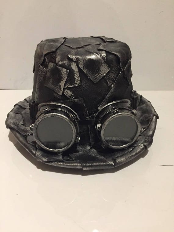 Silver Steampunk Top Hat, OOAK Handmade With Leather Patches Painted Rustic Metallic Silver With Or Without Silver Effect Riveted Goggles by Steampunkbyben steampunk buy now online