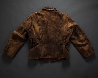 40s 50s Incredible Patina Leather Jacket W/ Art Deco Style Back Large