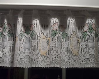 Free Shipping in USA Kitchen Curtains, Valance, Machine Lace, Teapot, Vase Of Flowers, Tea Cup, White, Yellow, Blue, Green, Rose 1619E
