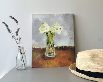White hydrangea in case. Original oil painting on stretched canvas, ready to hang, by Irish Artist Irene Mc Cabe, Mc Cabe Creative