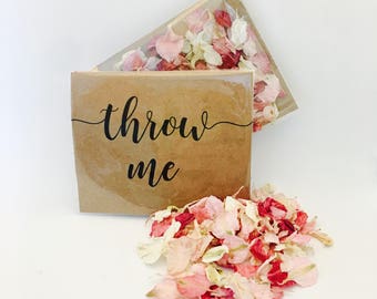 Biodegradable confetti - pale & dark pink with off white petals - flower petals - calligraphy 'throw me' kraft packet - vintage weddings