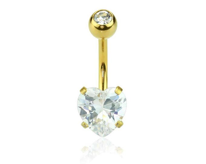 Gold Plated Prong Set Heart CZ 316L Surgical Steel Navel(Belly) Ring