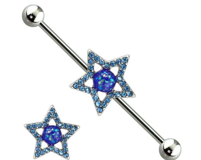 Glitter Opal Centered Blue Gem Paved Star Industrial Barbell