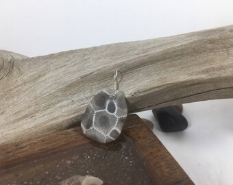 Petoskey stone pendant, sterling silver setting, rustic jewlery, natural stone jewelry, beach stone jewelry, fossil jewelry, Michigan Petosk