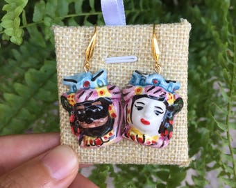 Heads of the Moor, ceramic, handmade earrings earrings, earrings from Sicily, Sicilian ceramics, handmade ceramic heads del moro, earrings