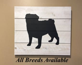Pug Gift, Pug Silhouette Wood Sign, Hand Painted, Pug Wood Sign, Pug Decor, Pug Art, Pug Gift, Black Pug, Puggle, I Love Pugs, Dog Art