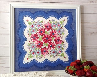 Bright blue wall art, dark blue decor, pink and blue home decor, red pink blue floral, 1950s hanky, bright bedroom decor, blue vintage decor