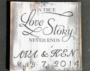 Custom Name Date White Washed Gray Sign, Personalized Distressed Wood Love Story Painting, Rustic Wedding Sign, A True Love Story Never Ends
