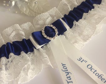 Personalised Wedding Garter, navy blue and light cream/ivory -available in S/M & Plus size/Large