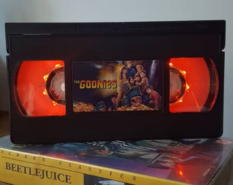Retro VHS The Goonies Night Light Table Lamp, Horror Movie . Order any movie! Great personal gift. Man Cave. Office.