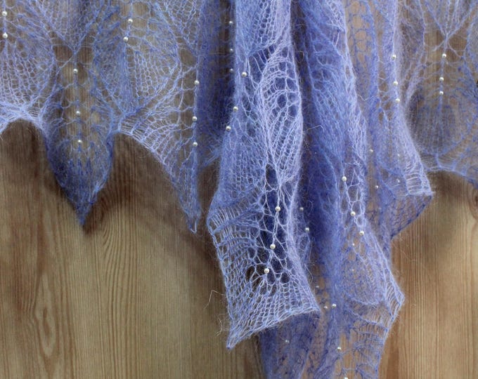 Openwork shawl, hand knit shawl, blue shawl, shawl mohair, wedding shawl ,with beaded shawl, knit scarf, crochet shawl, bridal shawl wrap